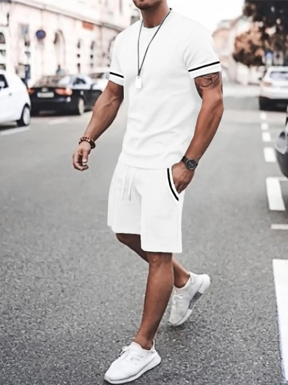 Men's Contrast Binding Tee & Drawstring Waist Shorts Set Two-Piece Set 
