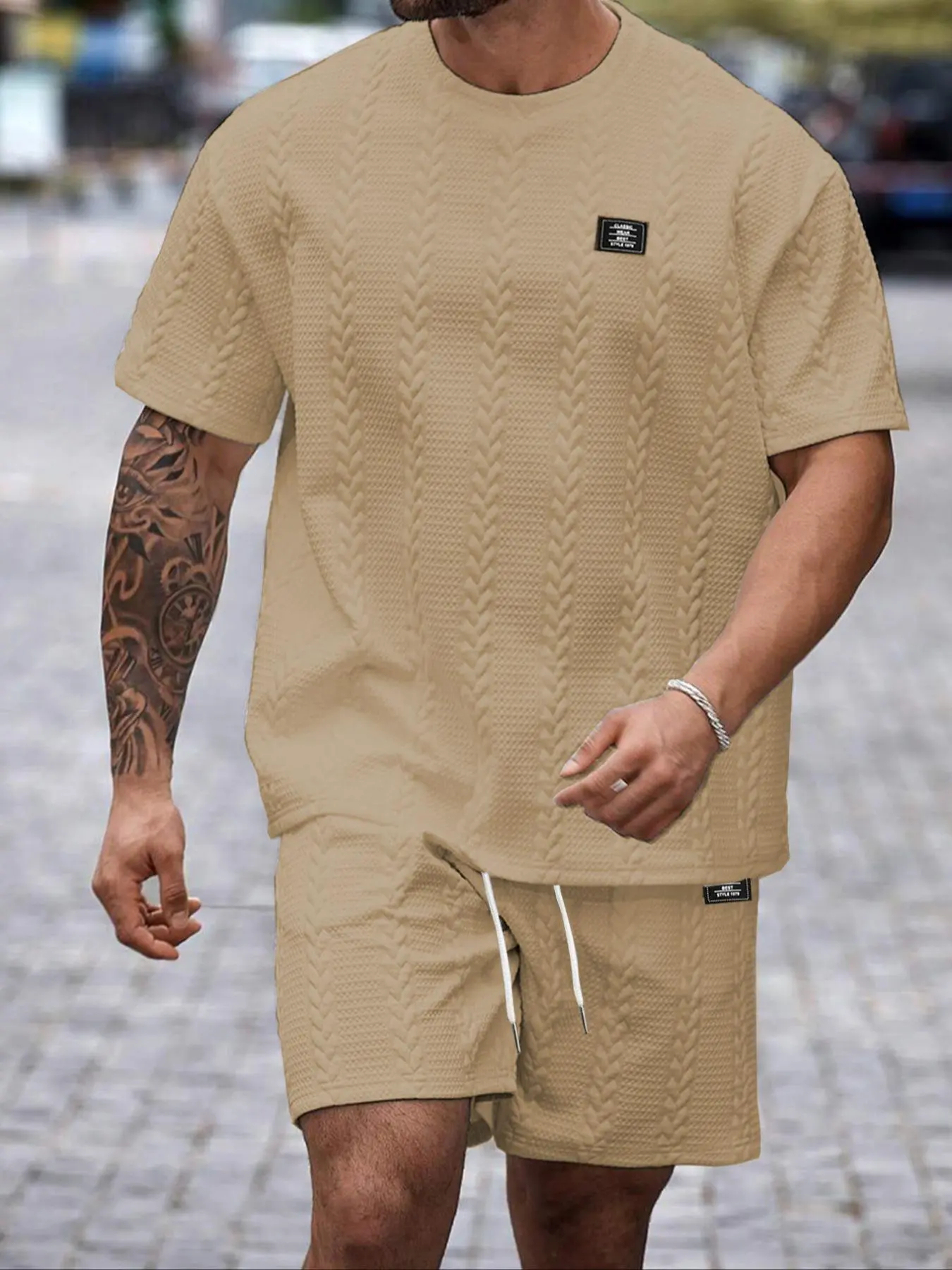 Men's Solid Textured Knit Patched Tee & Drawstring Waist Shorts Set