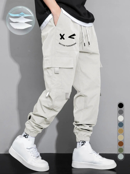 Men's Cartoon Face & Letter Print Drawstring Waist Cargo Pants