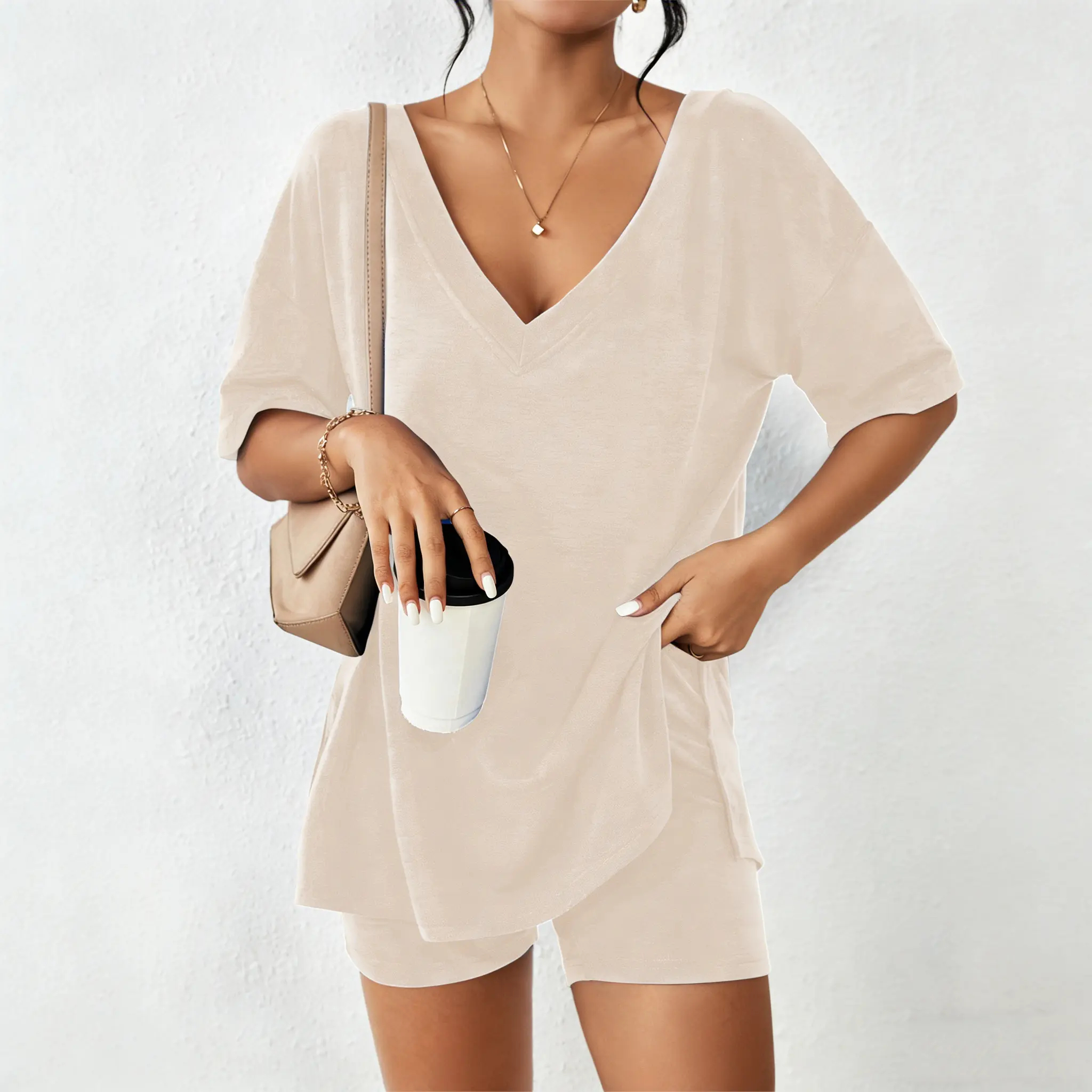 Women's Casual Spring Oversized V Neck Split Hem Shirts & Shorts Two-Piece Set