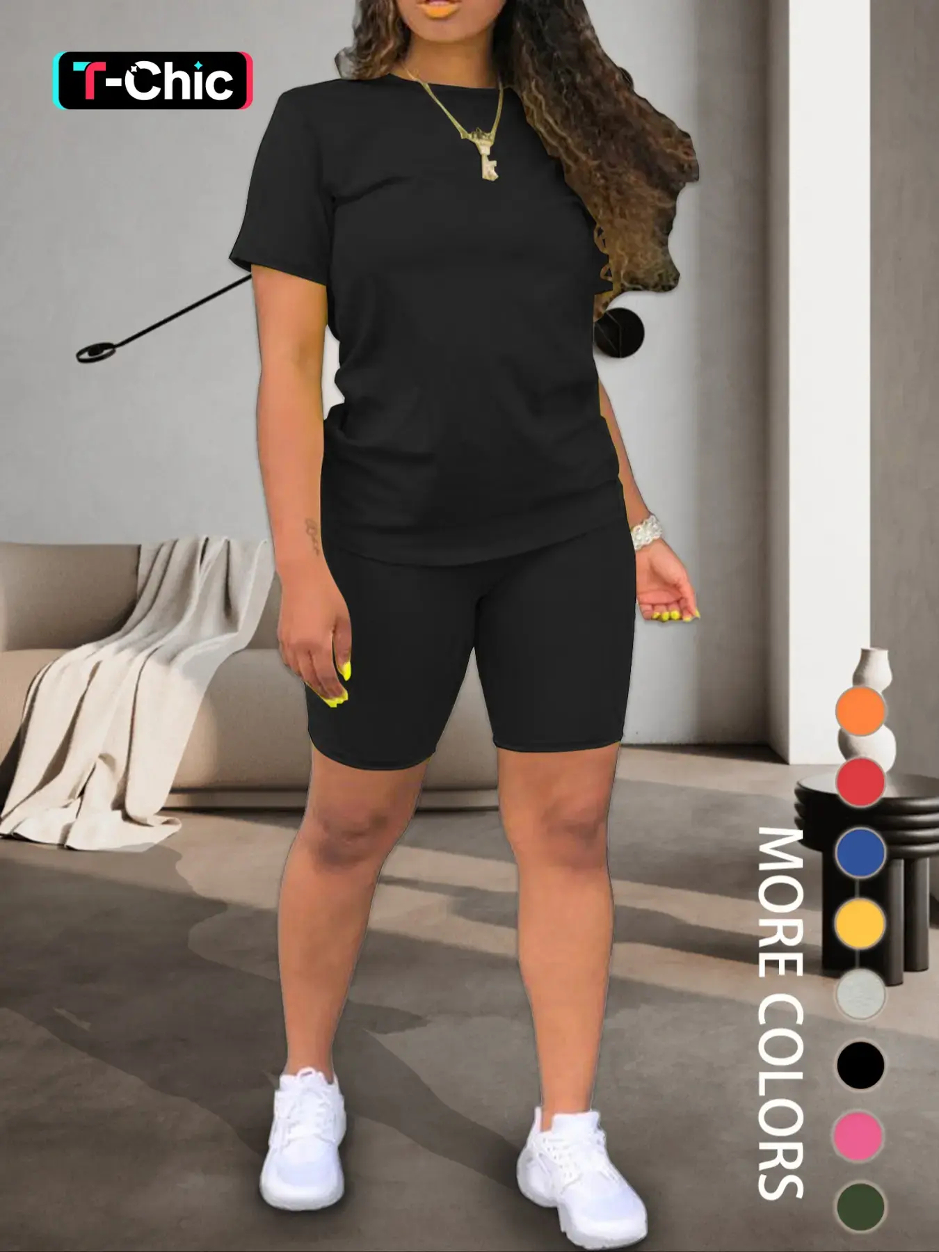 Women's Fitted Plain Round Neck Tee & Skinny Shorts Set