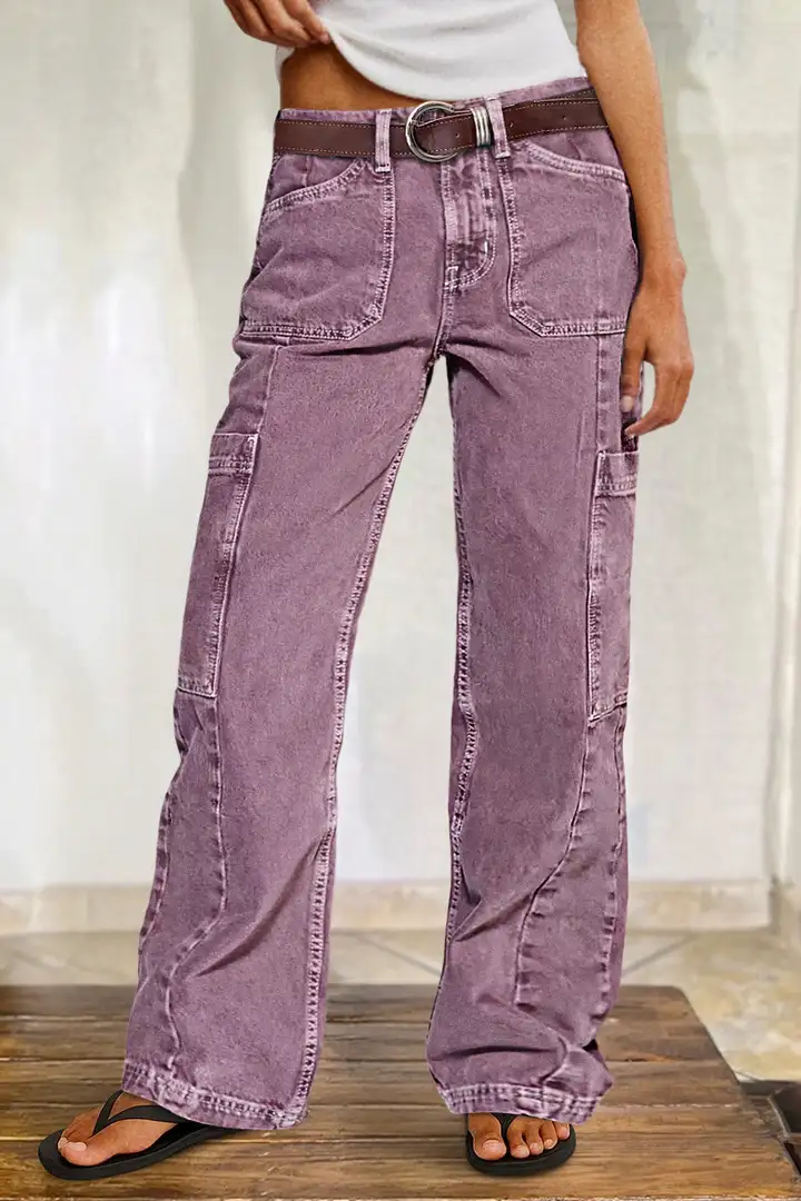 Women's Button Detail Mid Waist Straight Leg Cargo Pants Without Belt