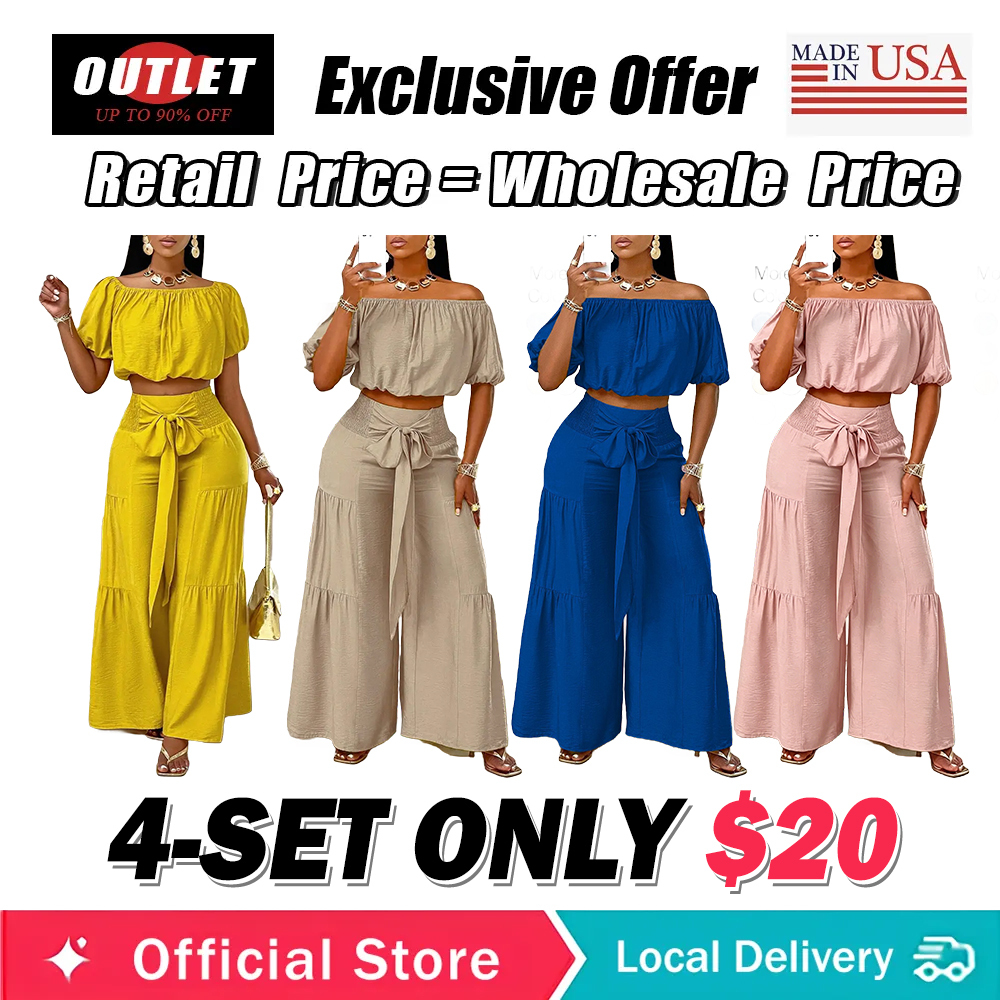 Women's Beach Vacation Bow Shoulderless Round Neck Shirt Wide Leg Pants Sets