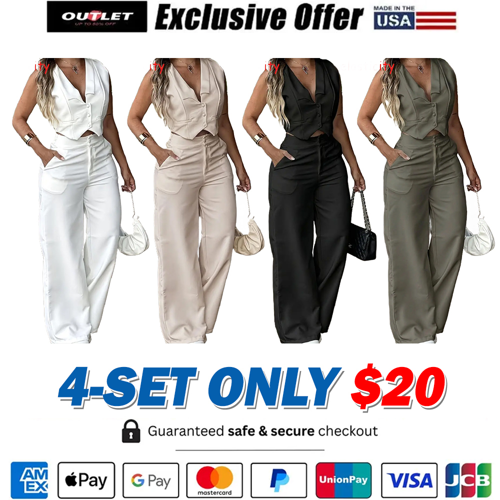 Women's Sleeveless Waist Cinching Vest Set, Wide Leg Pants