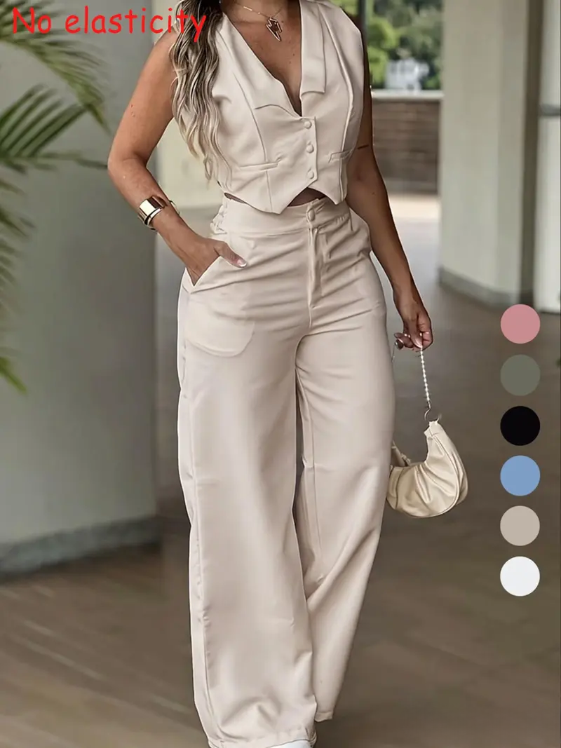 Women's Sleeveless Waist Cinching Vest Set, Wide Leg Pants