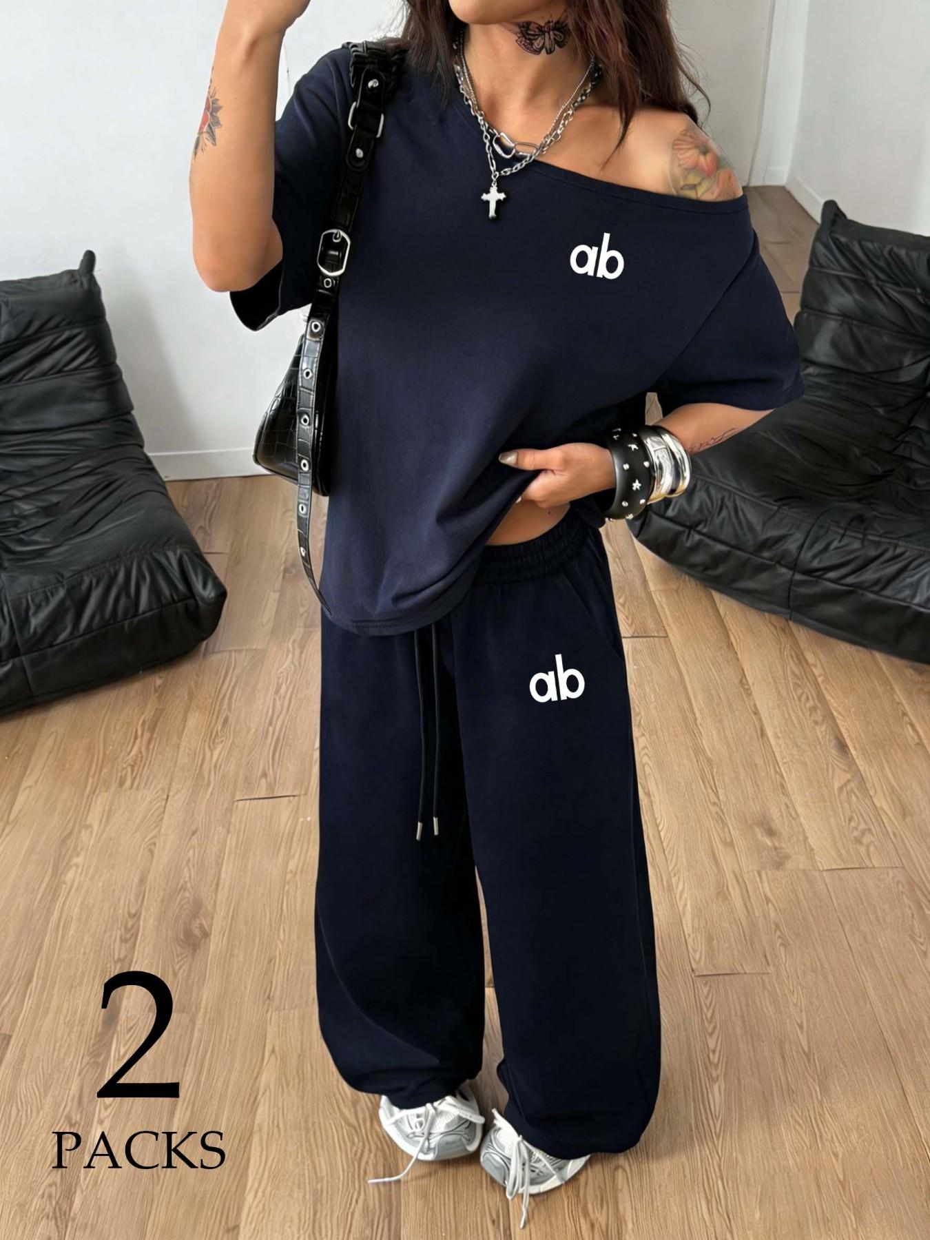 Women's Letter Print Off-Shoulder Oversized T-Shirt & Wide Leg Pants Two Piece Sets