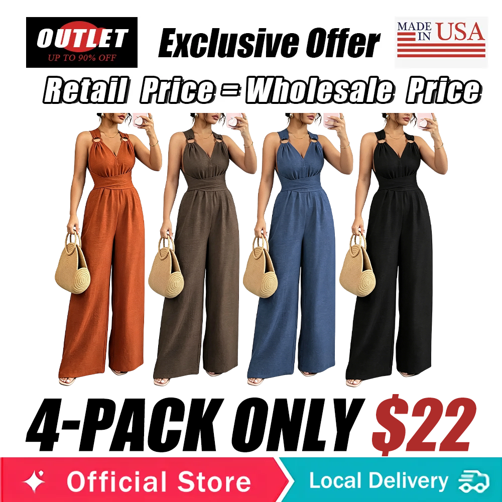 Women's V-Neck Tie-Waist Wide-Leg Jumpsuits