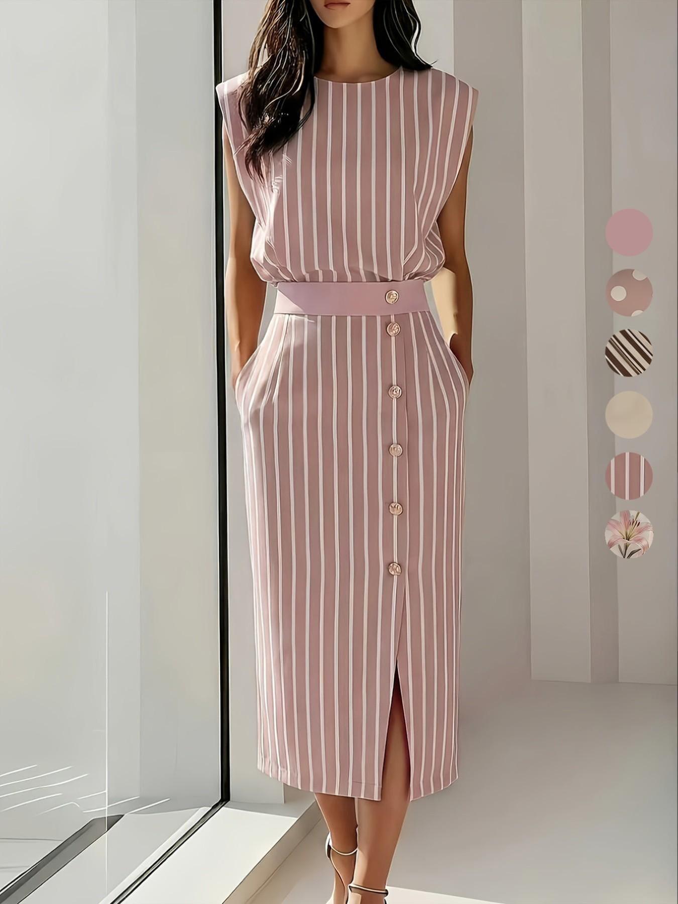 Women's Elegance Button Split Versatile Striped Mid-Length Slimming Dress