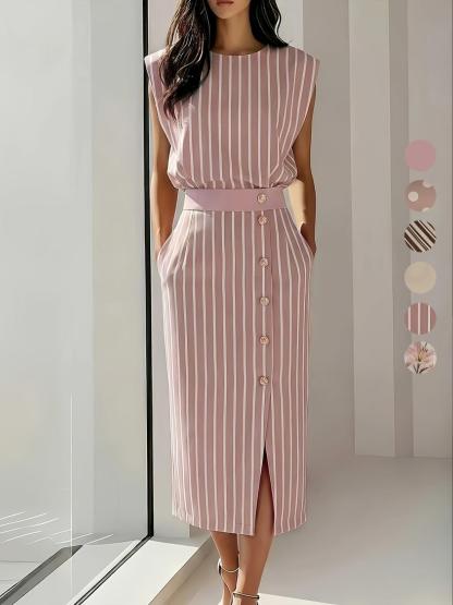 Women's Elegance Button Split Versatile Striped Mid-Length Slimming Dress