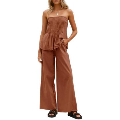 Women's Vacation Strapless Cotton Tube Top & Wide Leg Pleated Pants Matching Set