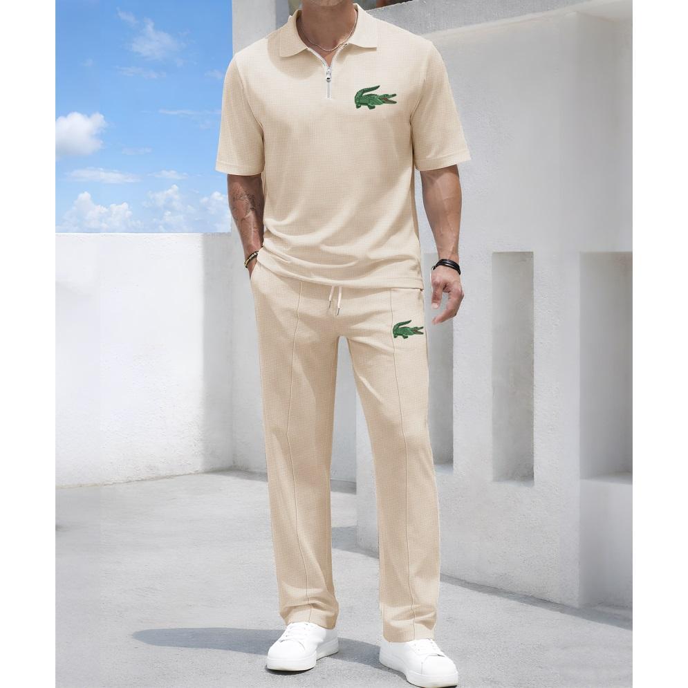 Men's Mechanical Crocodile Print Waffle-Knit Polo Shirt Set
