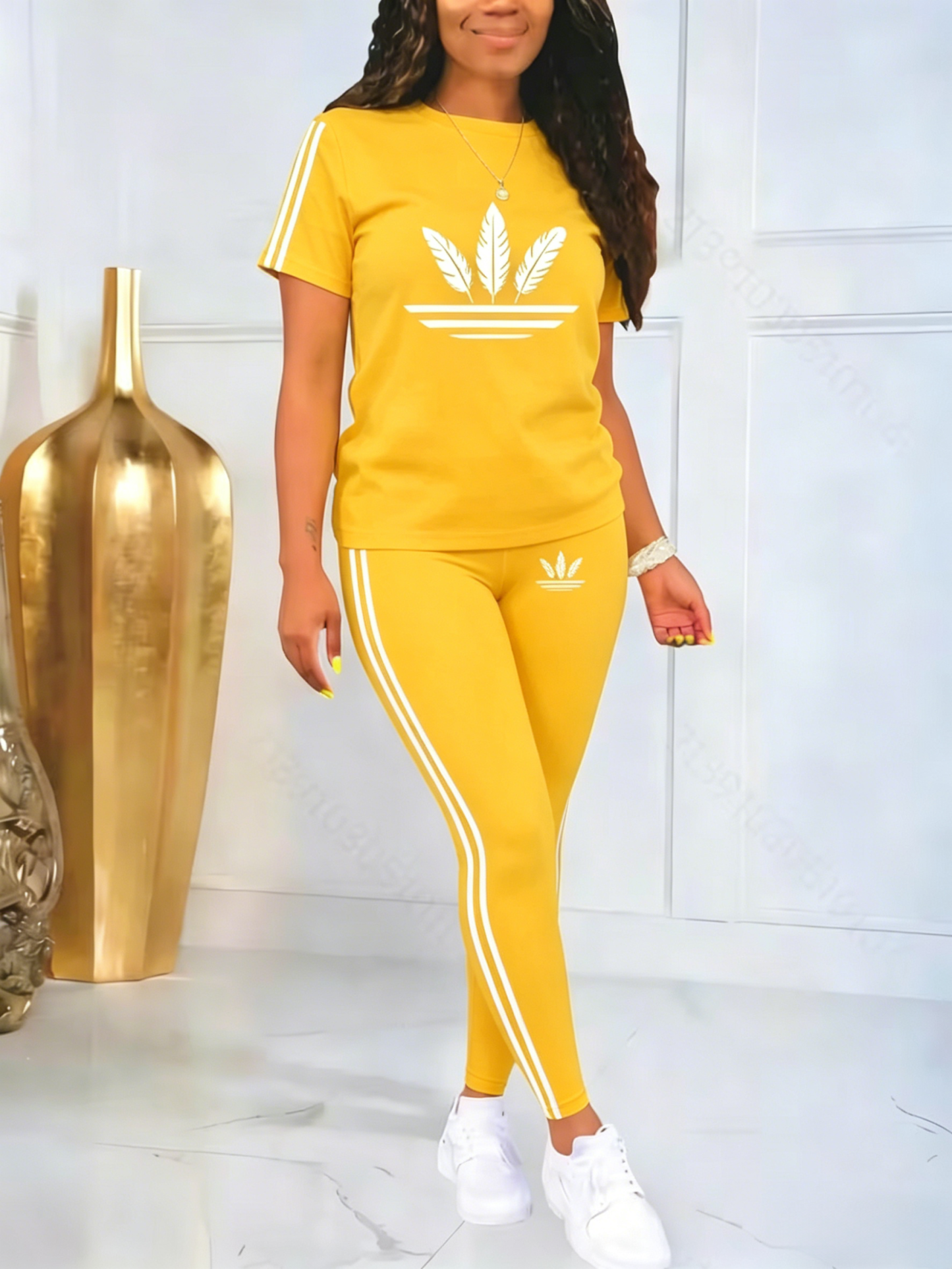 Women's Printed Casual Sporty Round Neck Drawstring Short Sleeve Two-Piece Set