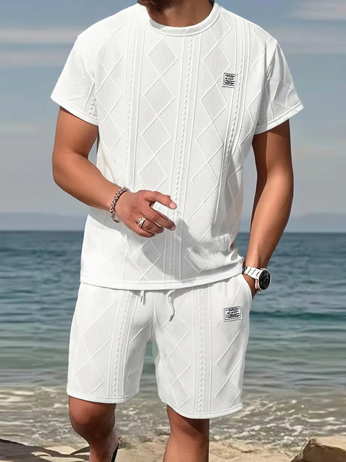 Men's Casual Summer Jacquard Texture Fabric Breathable 2-Piece Sports Suit