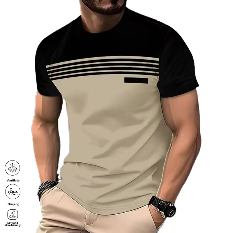  Men’s Casual Striped Panel Design Short Sleeve T-Shirts