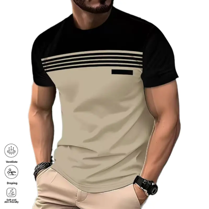  Men’s Casual Striped Panel Design Short Sleeve T-Shirts
