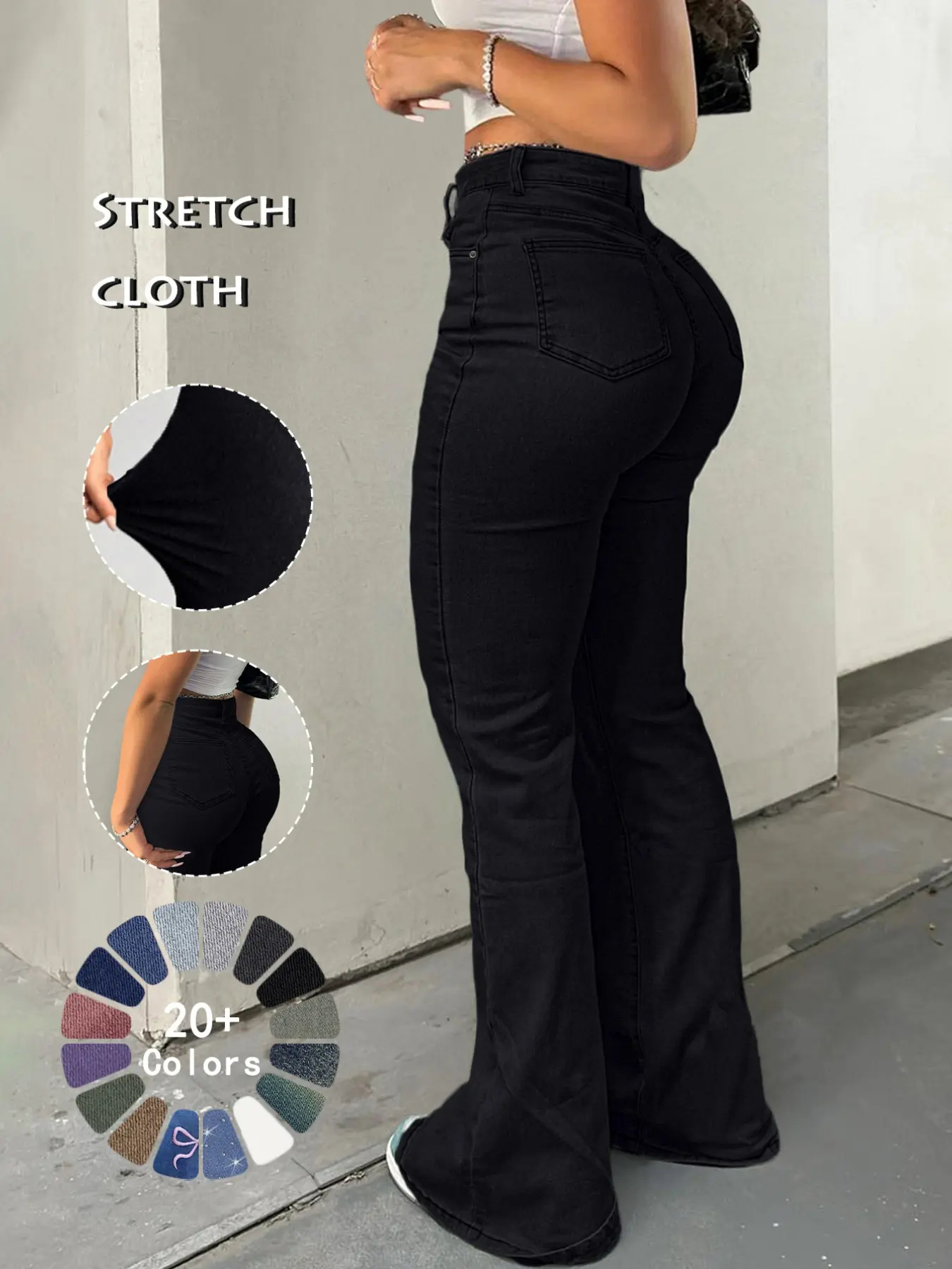 Women's Casual Button Fly Pocket Design High Waist Flare Leg Jeans