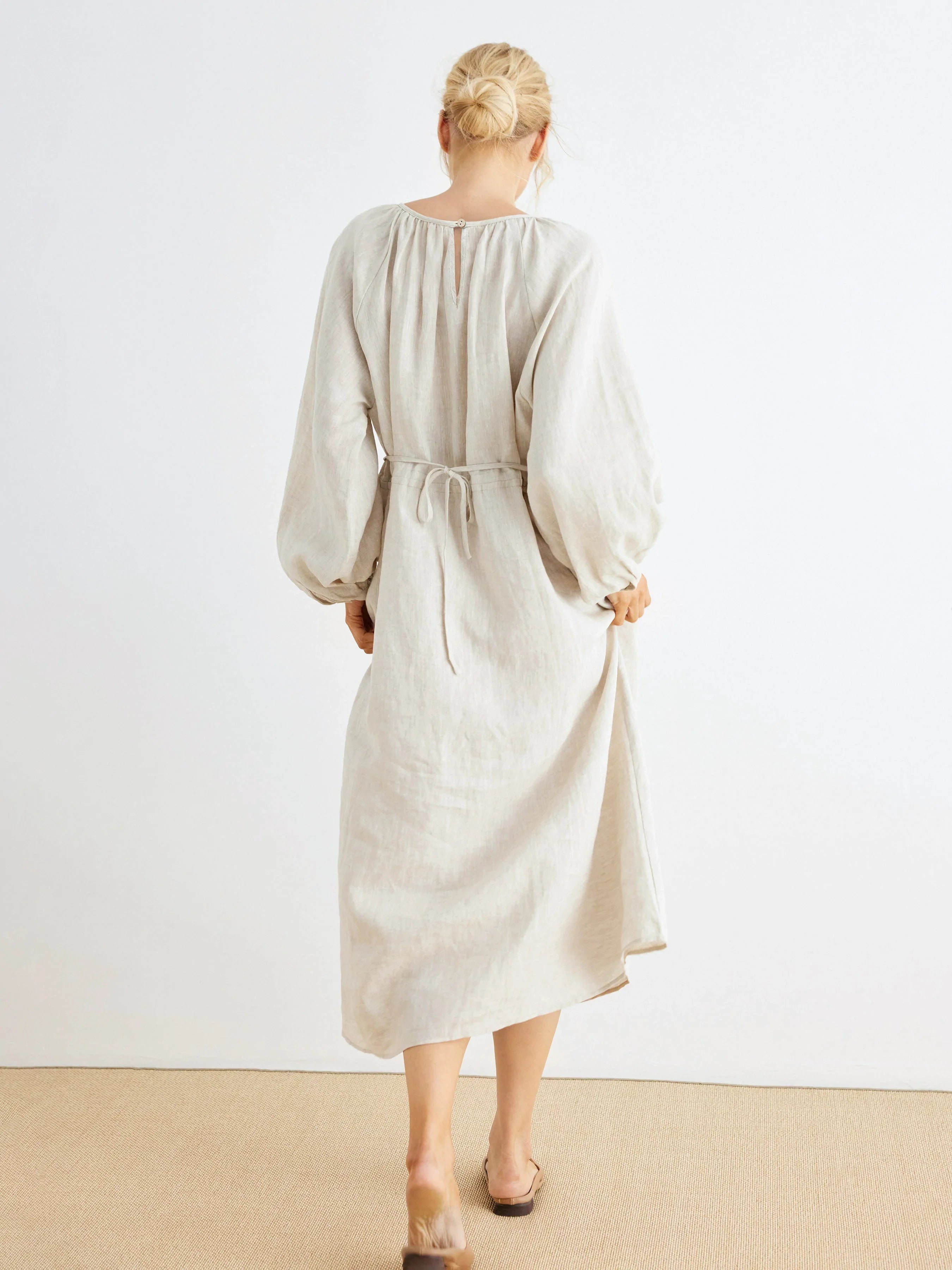 Maddie 100% Linen Puff Sleeve Drawstring Waist Dress