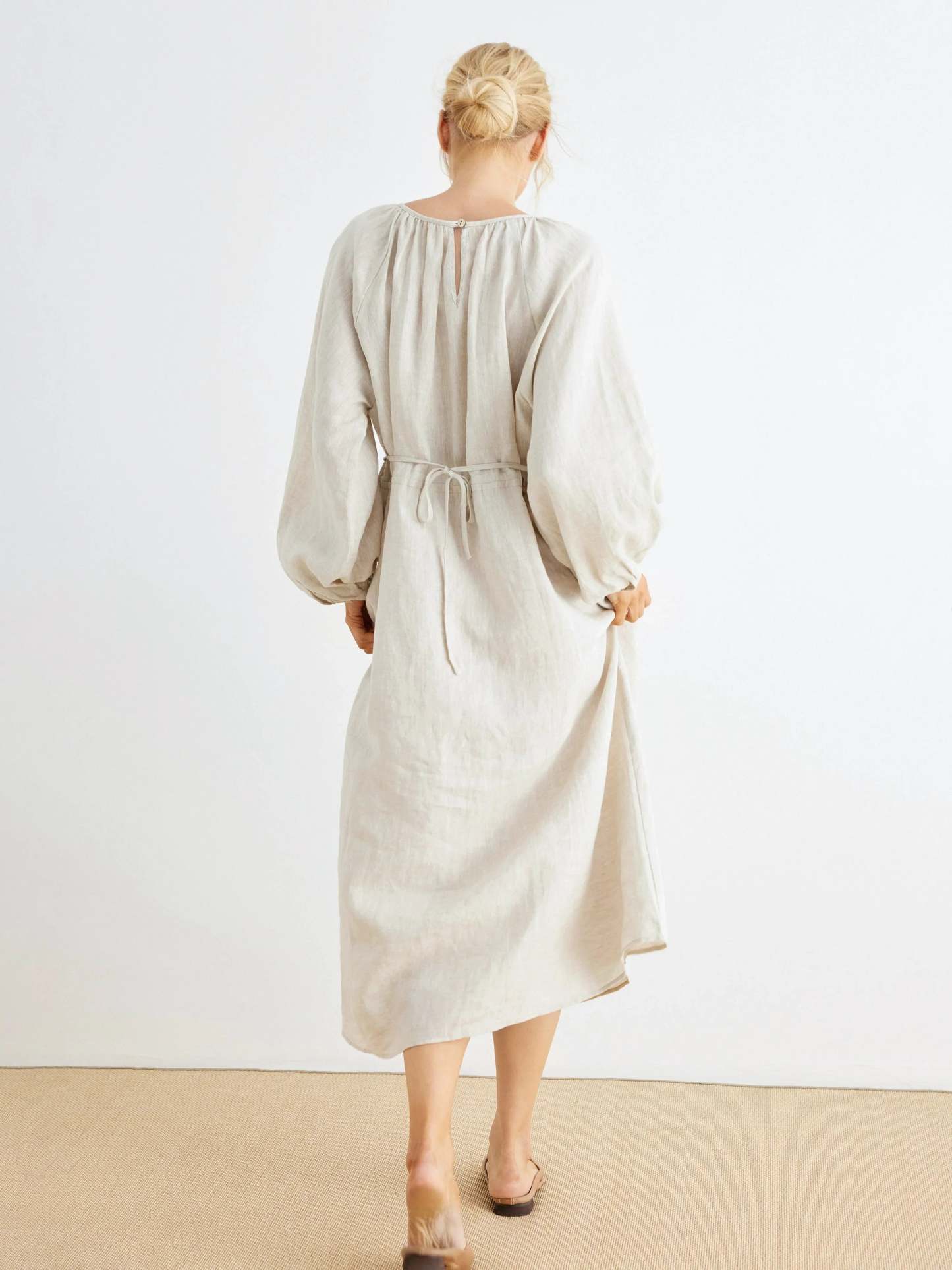 Maddie 100% Linen Puff Sleeve Drawstring Waist Dress
