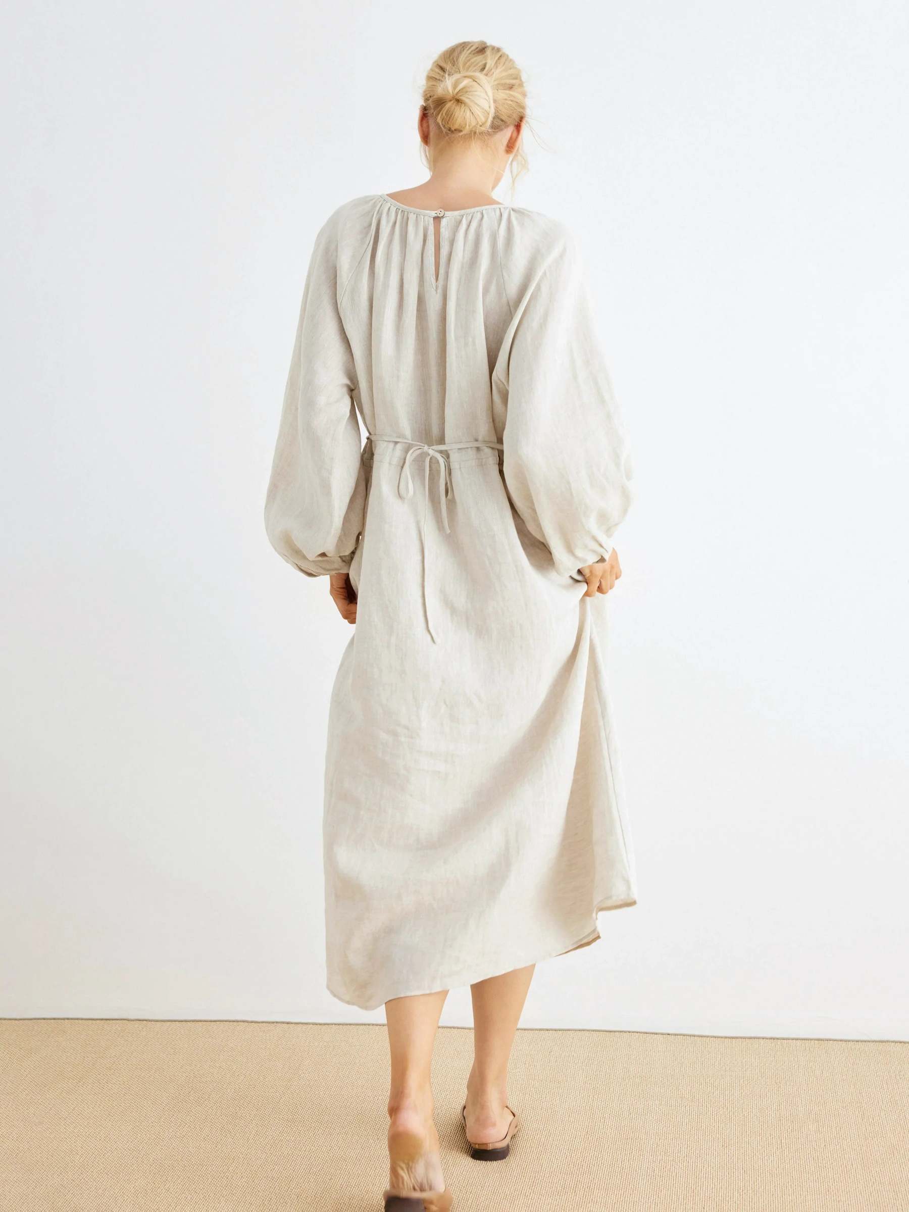 Maddie 100% Linen Puff Sleeve Drawstring Waist Dress
