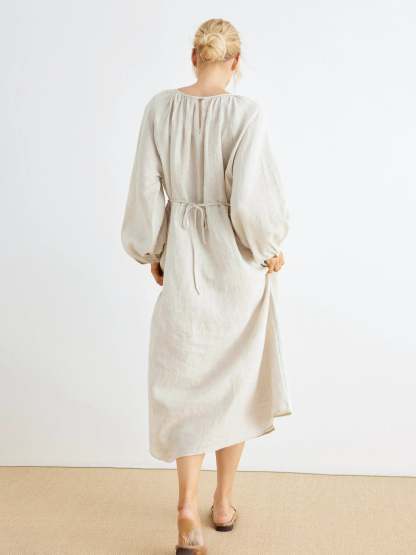 Maddie 100% Linen Puff Sleeve Drawstring Waist Dress
