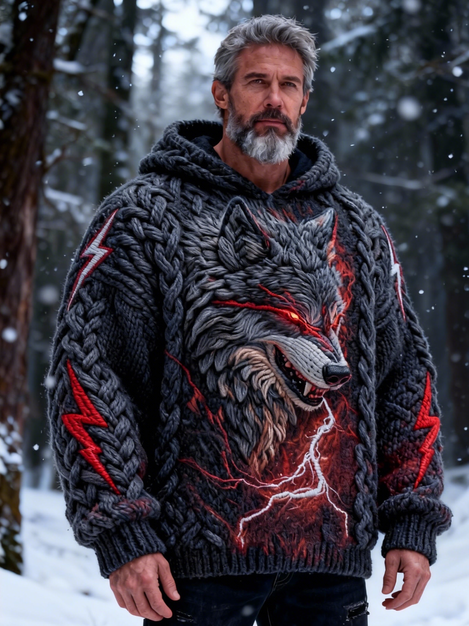 Men's Red Lightning Wolf Chunky Knit Hooded Sweater