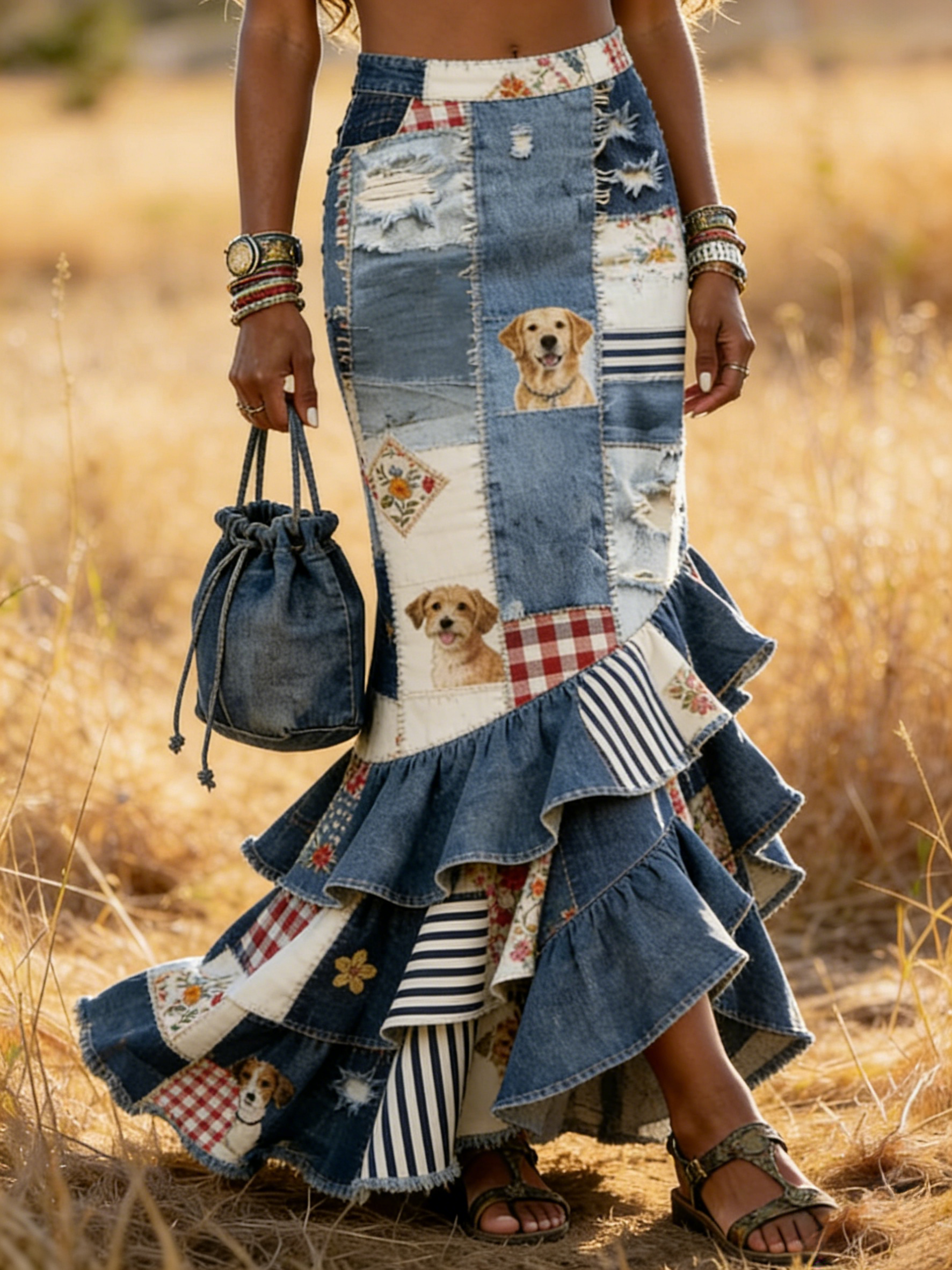 Distressed Dog Print Patchwork Ruffle Hem Denim Maxi Skirt