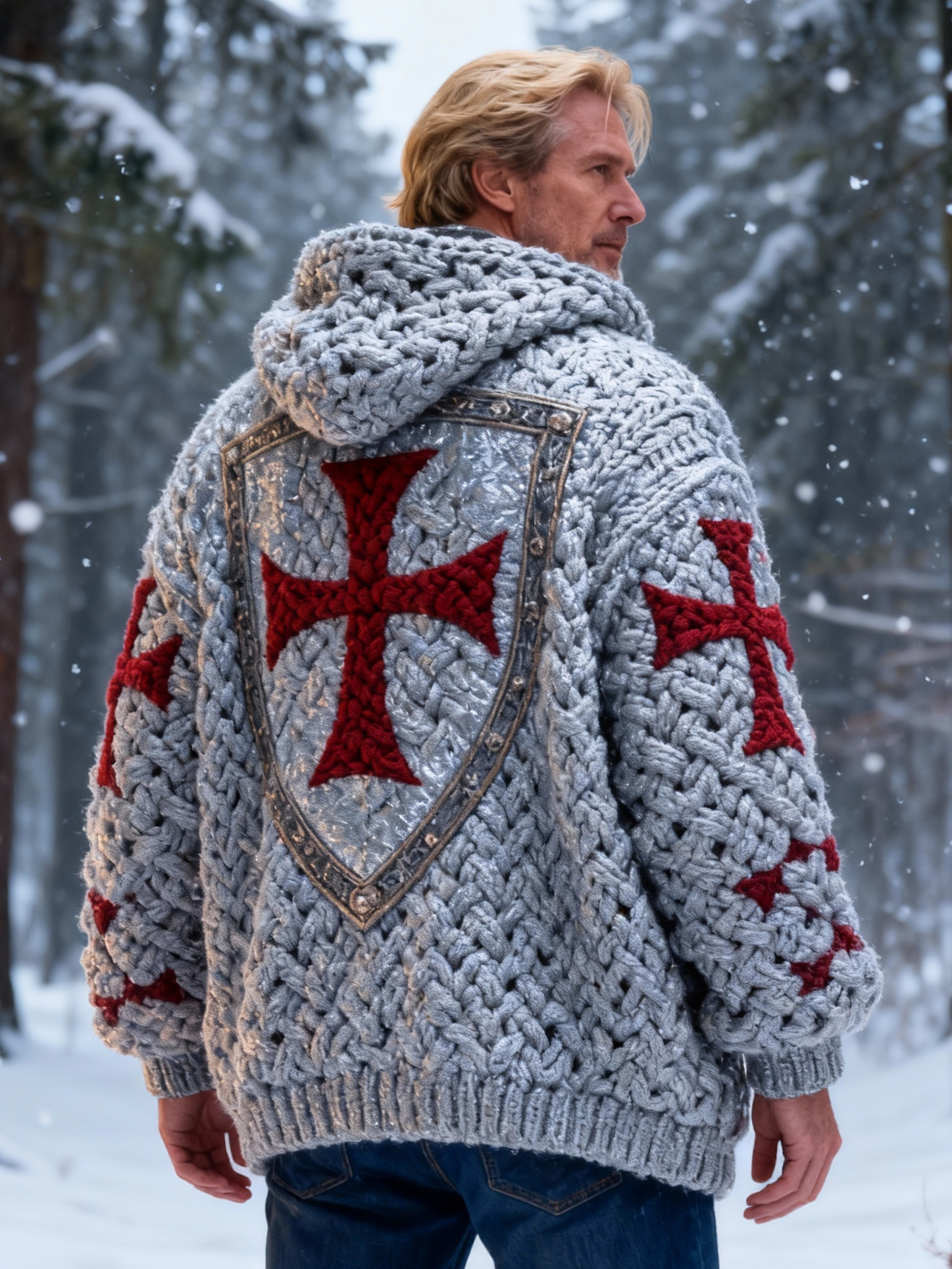 Men's Gray Cable Knit Templar Knight Large Shield Hooded Sweater