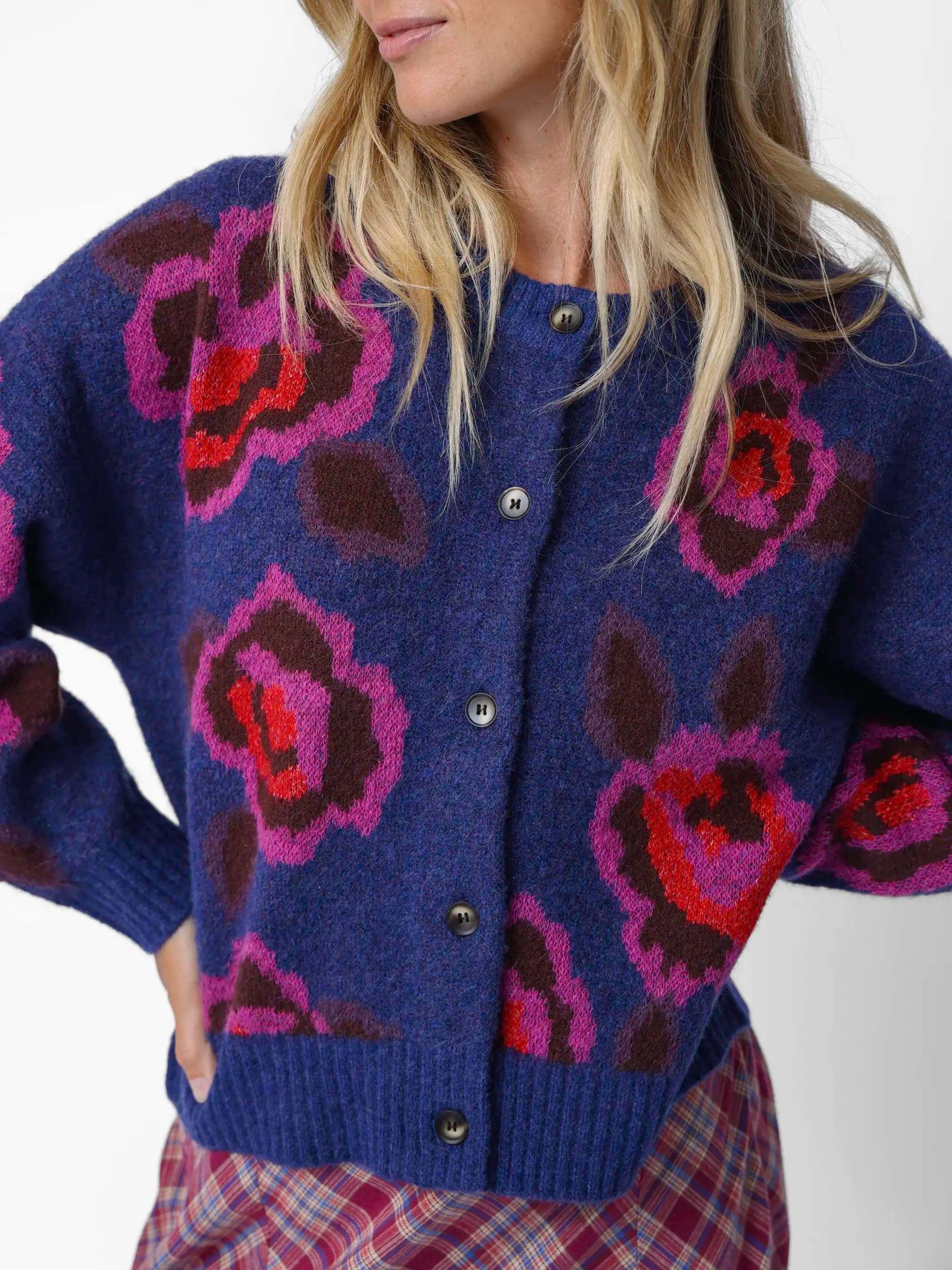 Jacquard Button Front Cardigan Sweater - Blue Rose
