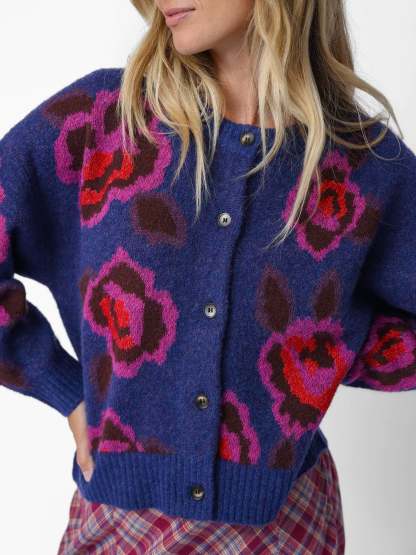 Jacquard Button Front Cardigan Sweater - Blue Rose