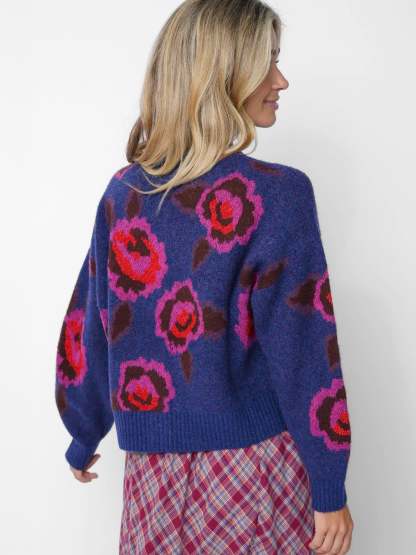 Jacquard Button Front Cardigan Sweater - Blue Rose