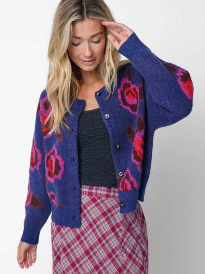 Jacquard Button Front Cardigan Sweater - Blue Rose