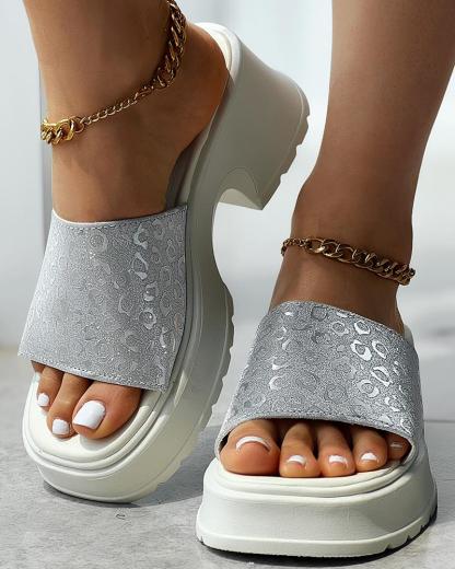 Leopard Pattern Platform Wedge Slippers