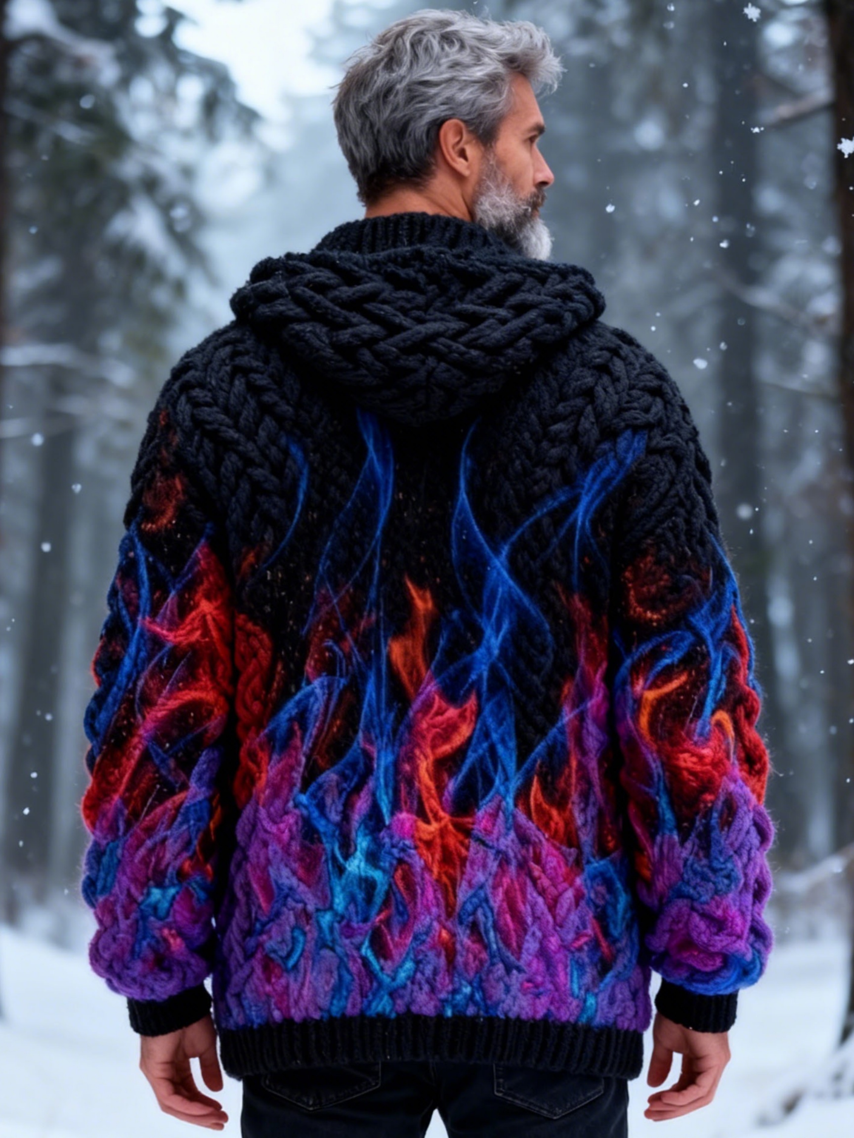 Men's Multicolor Flame Chunky Knit Hooded Sweater