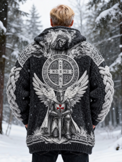 Men's Templar Knight Winged Crusader Religious Symbol & Jesus Emblem Sweater Cardigan