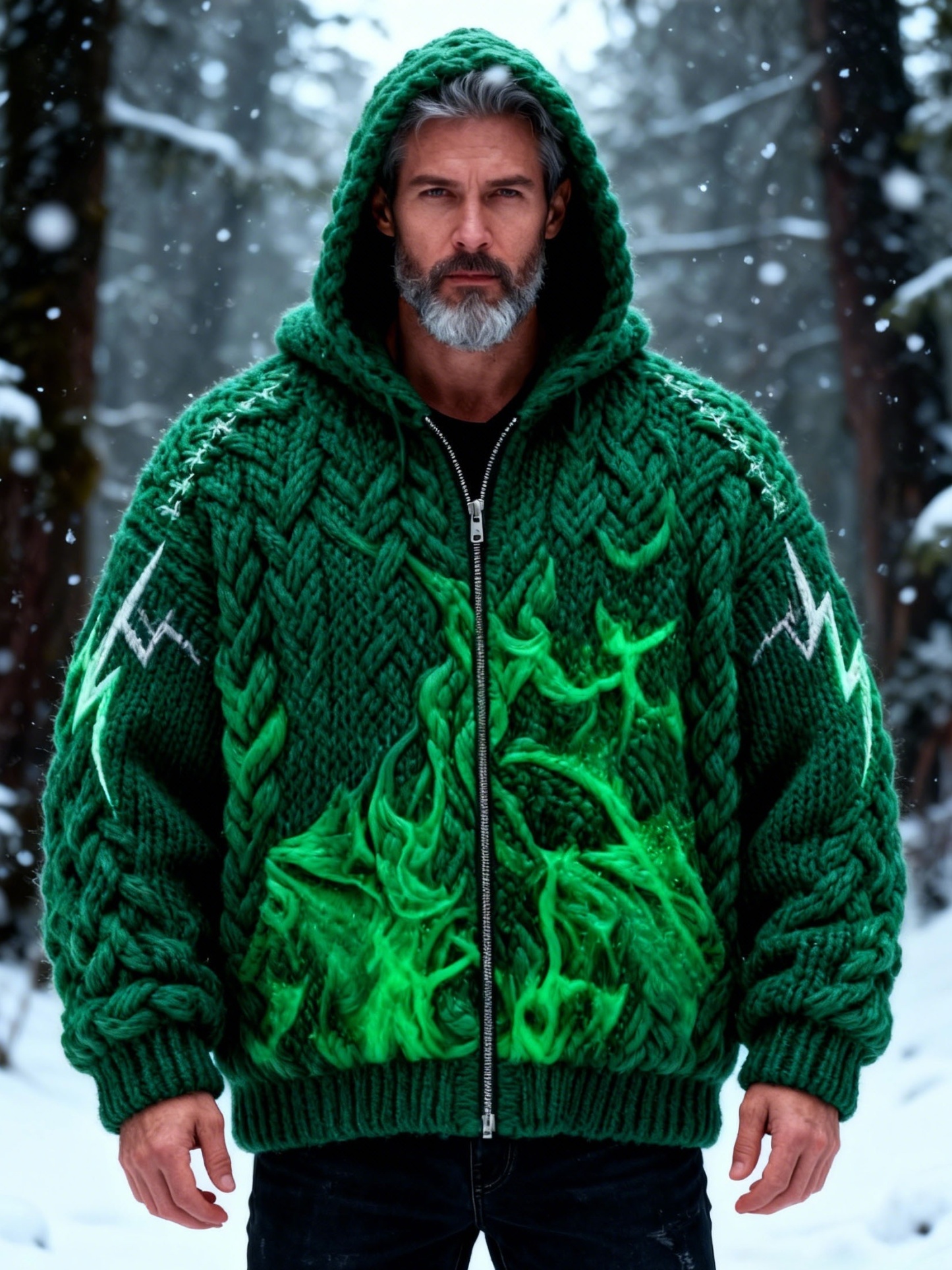 Men's Green Flame Lightning Chunky Knit Hooded Sweater