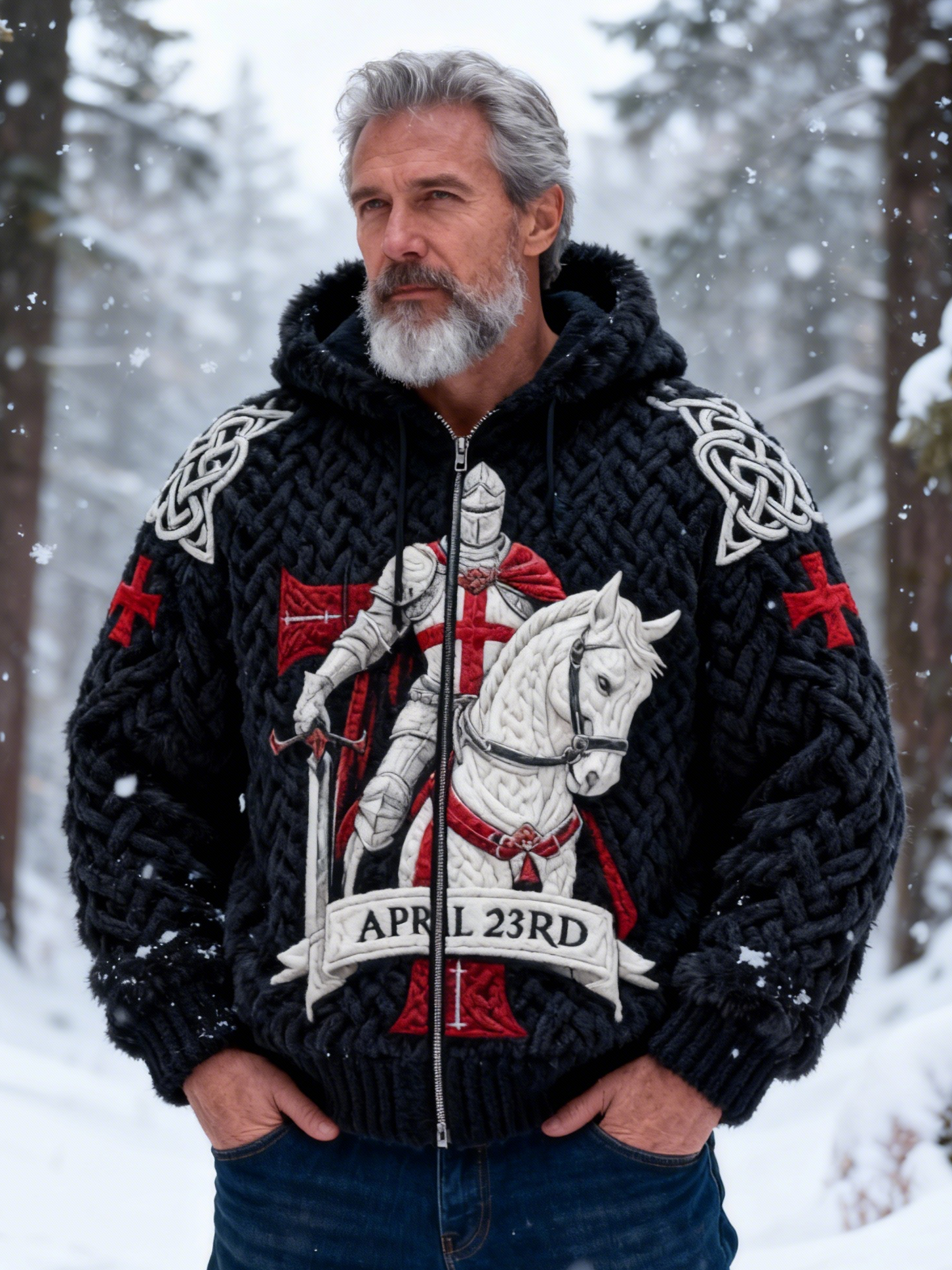 Men's "APRIL 23RD" Black Cable Knit Templar Knight White Horse Zip Hooded Sweater