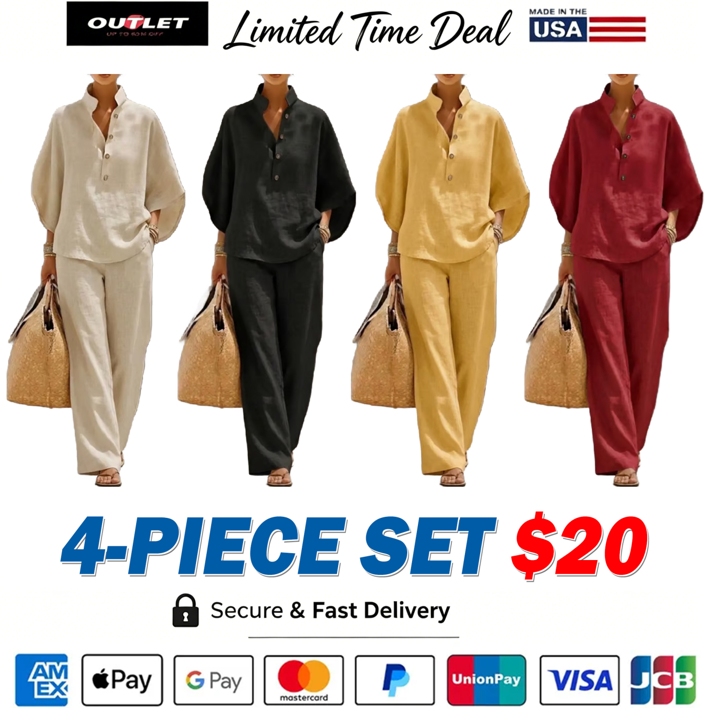 Women's Batwing Sleeve Linen Cotton Two-Piece Set – Casual Shirt & Wide Leg Pants Outfit