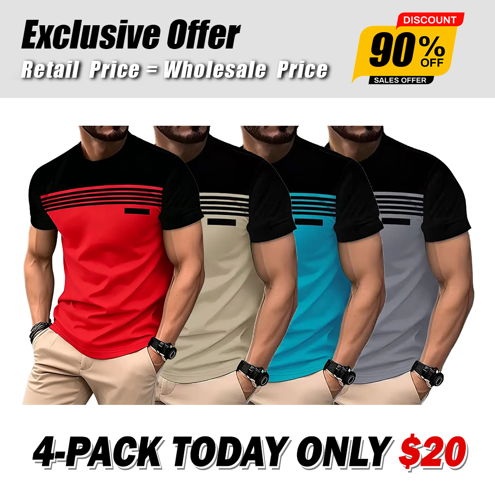  Men’s Casual Striped Panel Design Short Sleeve T-Shirts