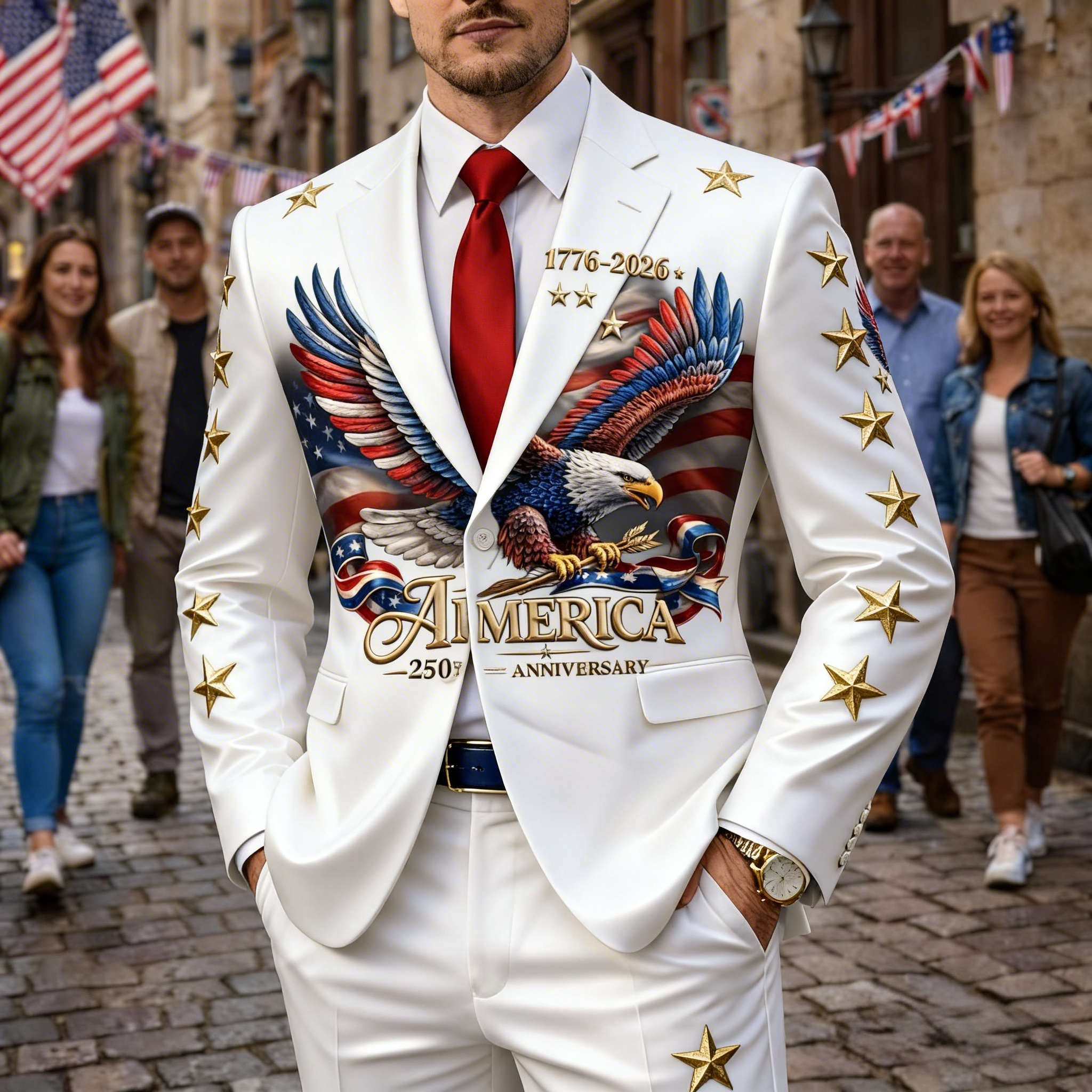 Men's America 250th Anniversary White & Gold Bald Eagle Blazer Suit 