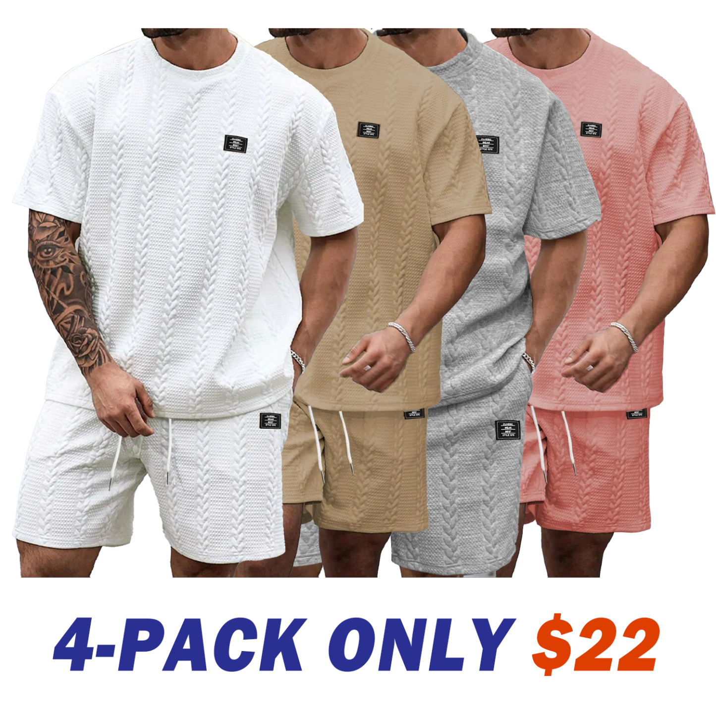Men's Solid Textured Knit Patched Tee & Drawstring Waist Shorts Set
