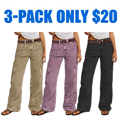 Women's Button Detail Mid Waist Straight Leg Cargo Pants Without Belt