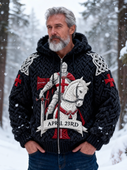 Men's "APRIL 23RD" Black Cable Knit Templar Knight White Horse Zip Hooded Sweater
