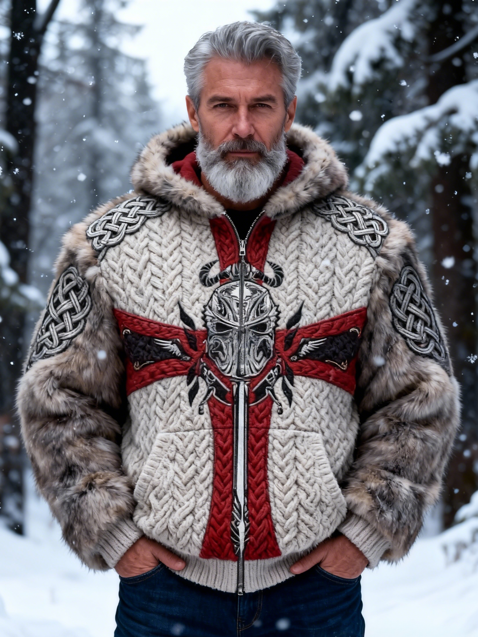 Men's Templar Knight Helmet Celtic Knot Shoulder Fur Hooded Sweater