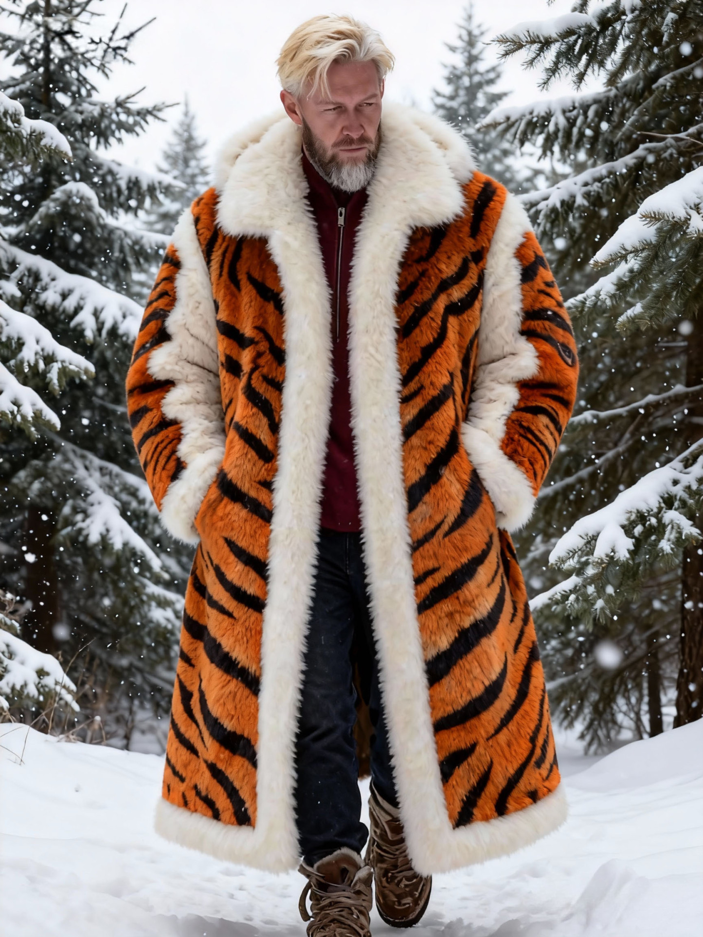 Men's Tiger Stripe Faux Fur Plush Long Coat