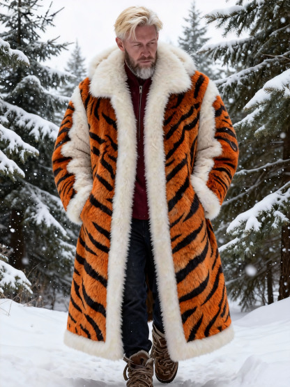 Men's Tiger Stripe Faux Fur Plush Long Coat
