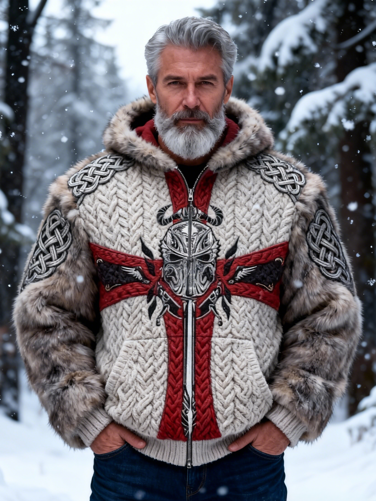 Men's Templar Knight Helmet Celtic Knot Shoulder Fur Hooded Sweater