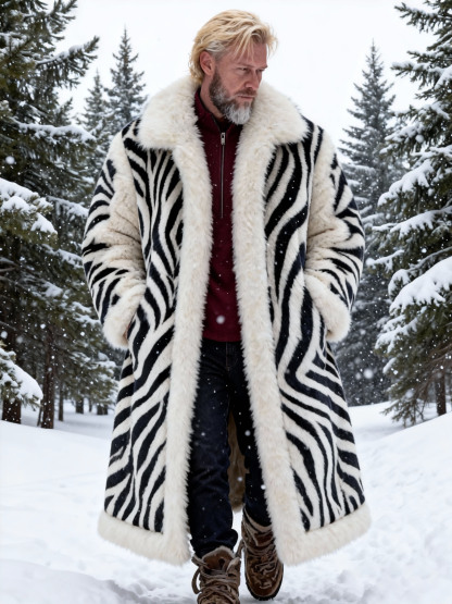 Men's Zebra Stripe Faux Fur Plush Long Coat