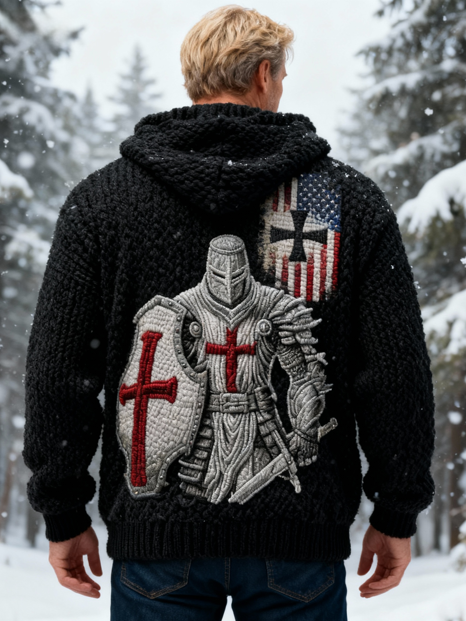 Men's Templar Knight Shield & American Flag Cable Knit Hooded Sweater
