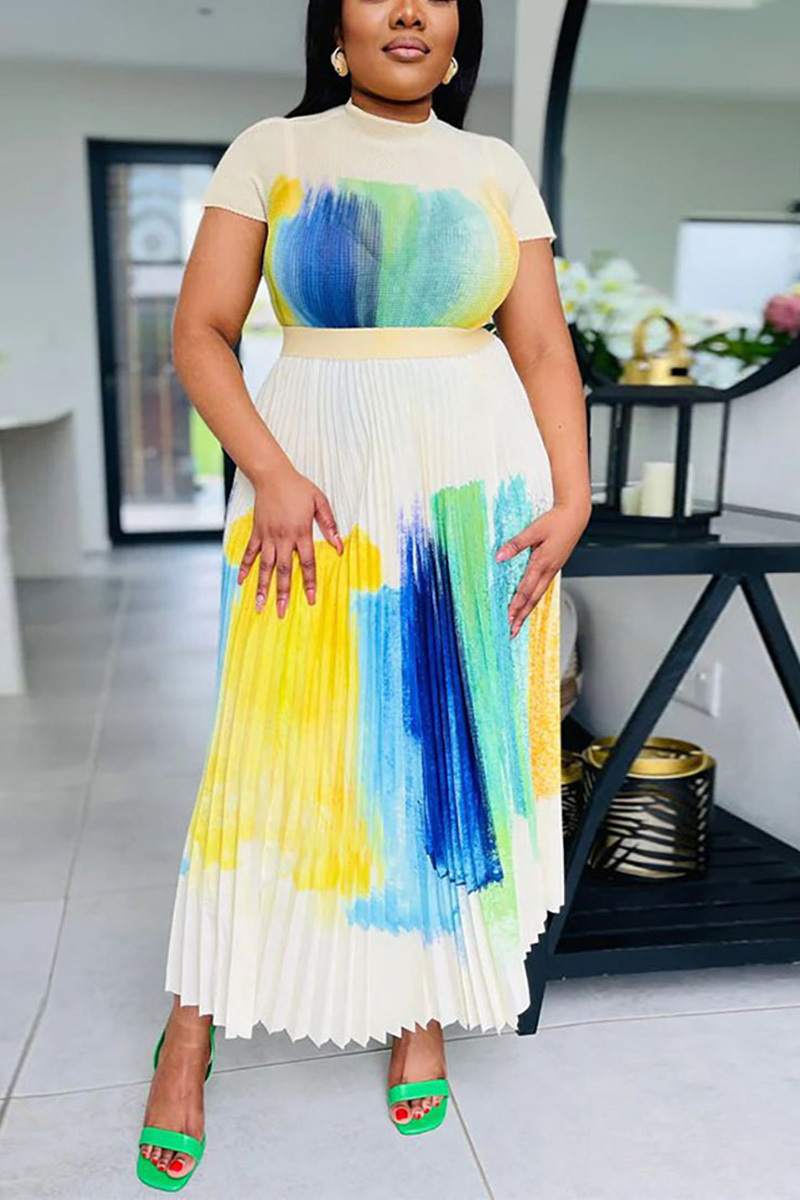 Plus Size Casual Tie-dye Print Pleated Short Sleeve Midi Dresses [Pre-