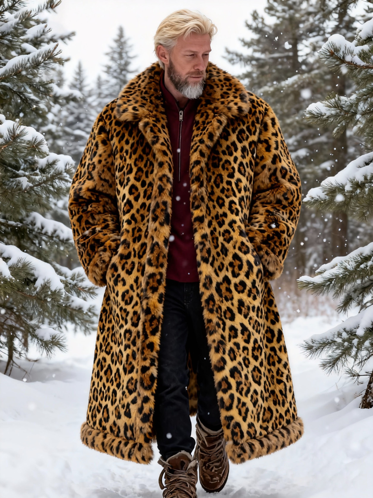 Men's Leopard Print Faux Fur Plush Long Coat